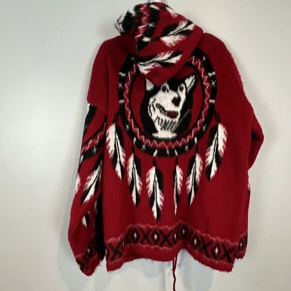 Yari Artesanias Mens Small Wolf Husky Dream Catcher Red Wool Hoodie Full Zip - Picture 2 of 8